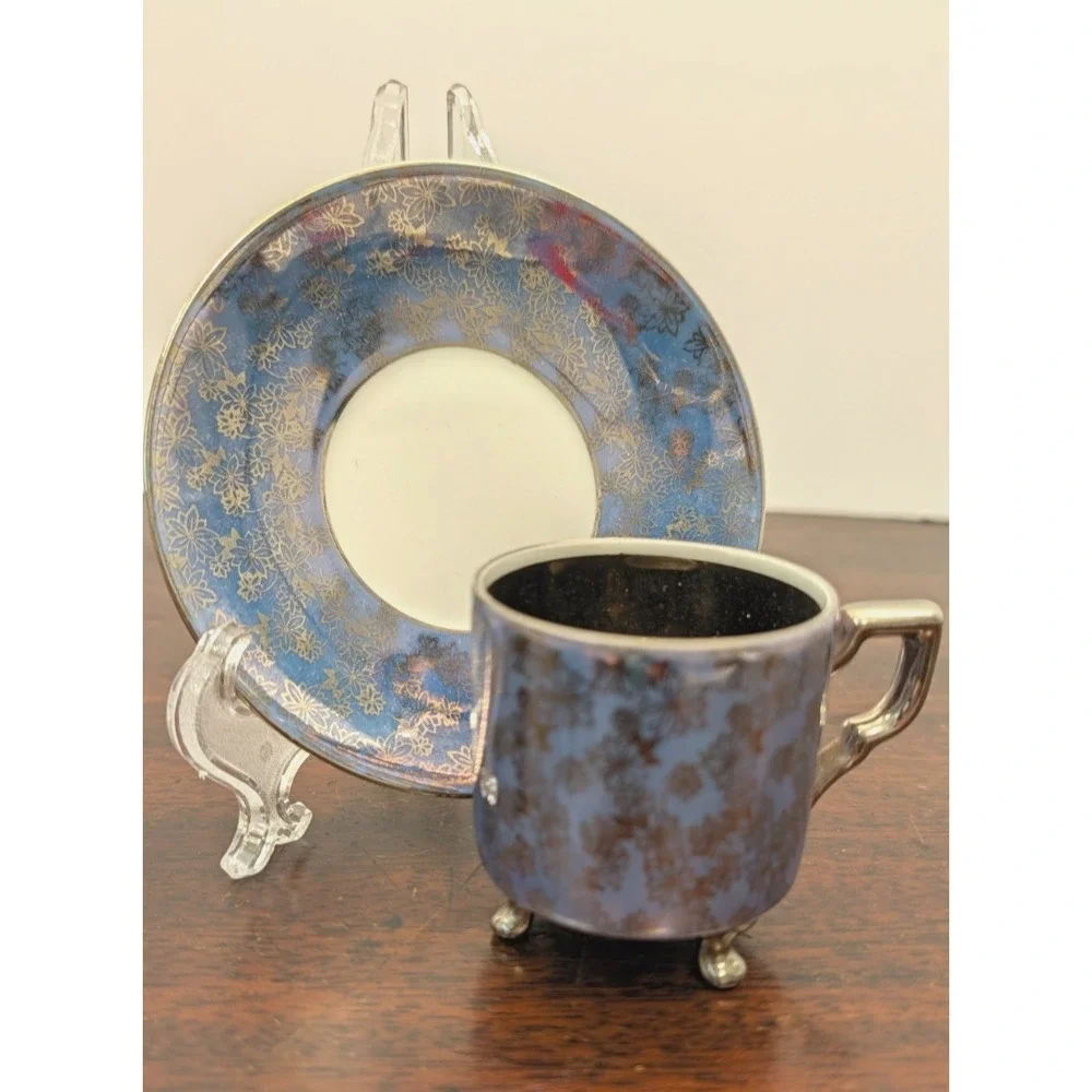 Vintage Mercator Bavaria Germany Footed Teacup Saucer Blue Floral Silver Luster